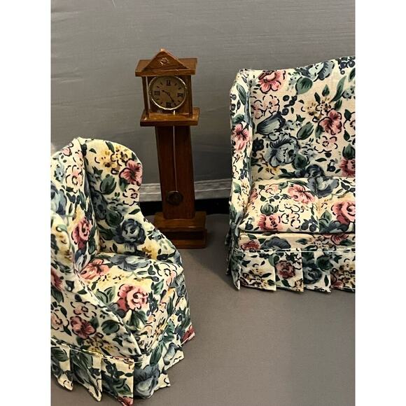 Dollhouse Furniture Living Room 10 pc Loveseat ARm Chair End Table stool Clock - Picture 3 of 11